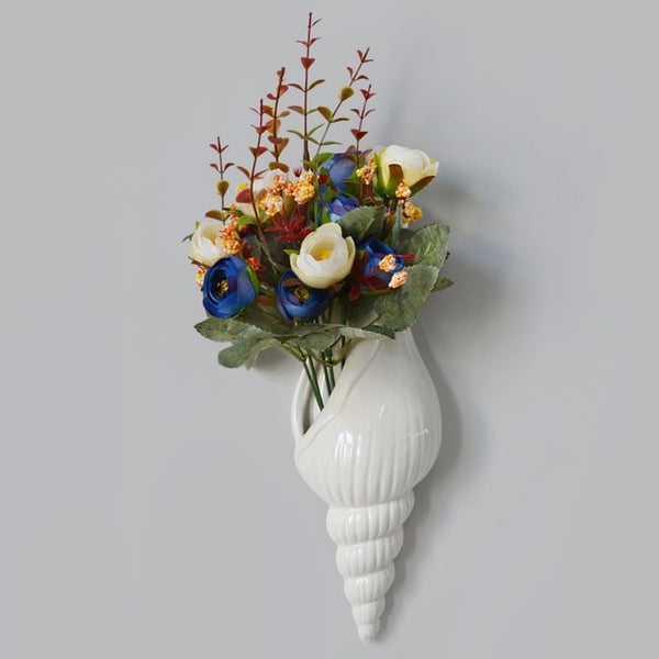 White Ceramic Sea Shell Conch Wall Vase