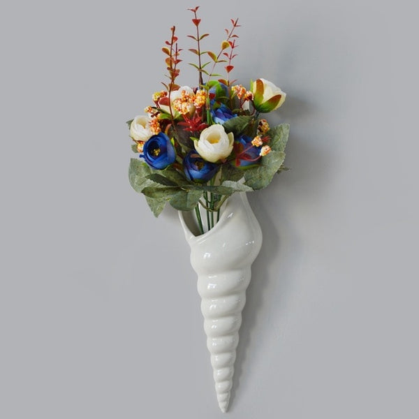 White Ceramic Sea Shell Conch Wall Vase